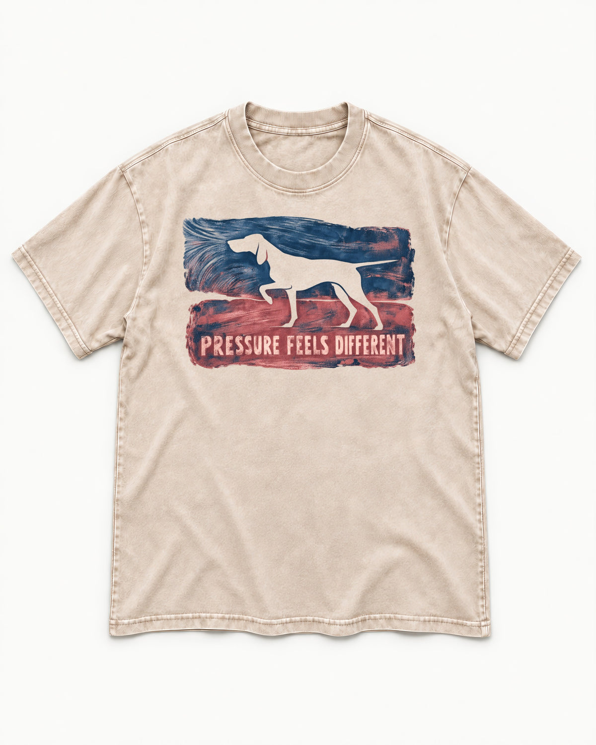 German Shorthaired Pointer Pressure Feels Different Monotype Graphic Washed Tee in Apricot, flat lay product photo