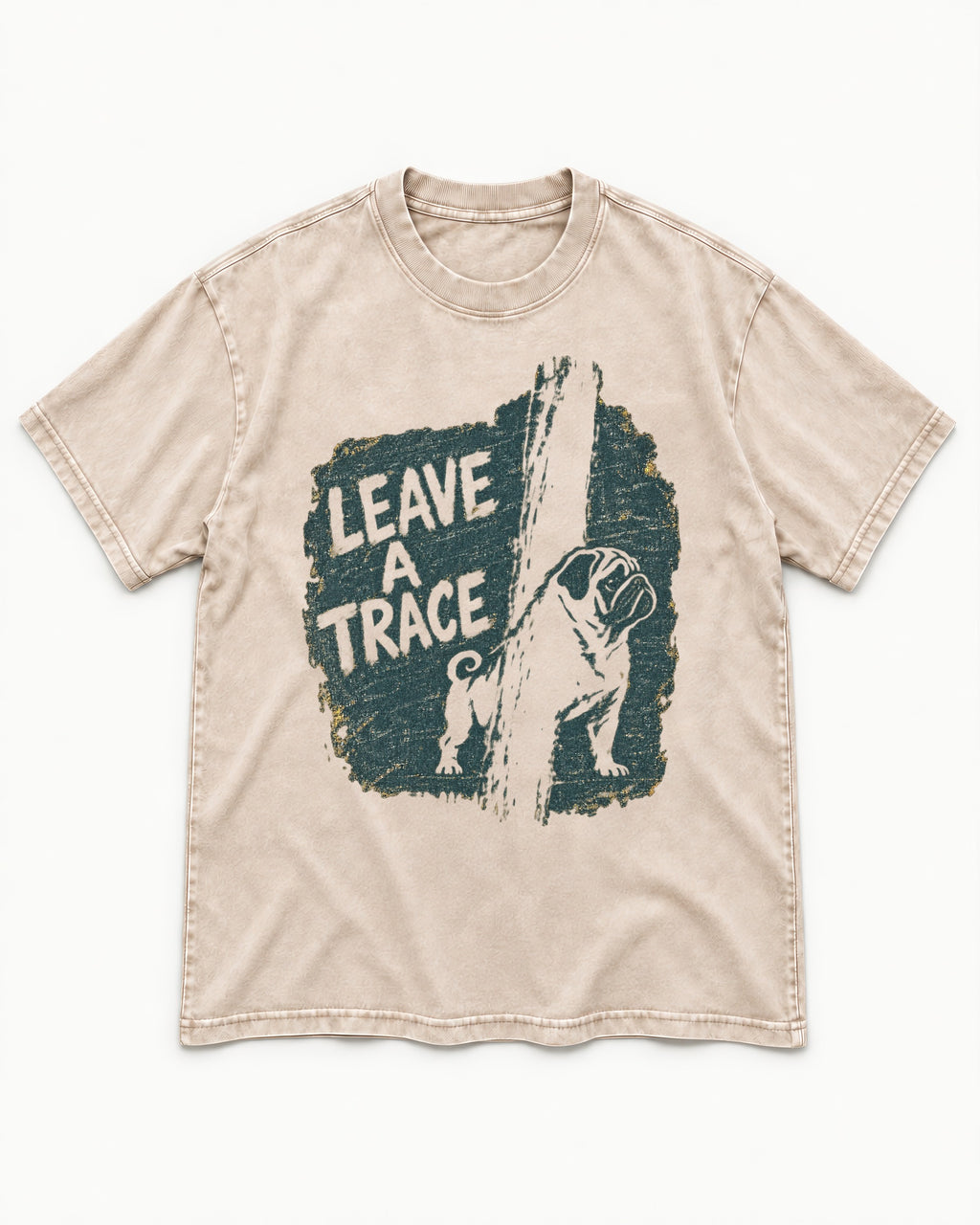 Pug Leaves a Trace Washed Tee in Apricot, flat lay product photo