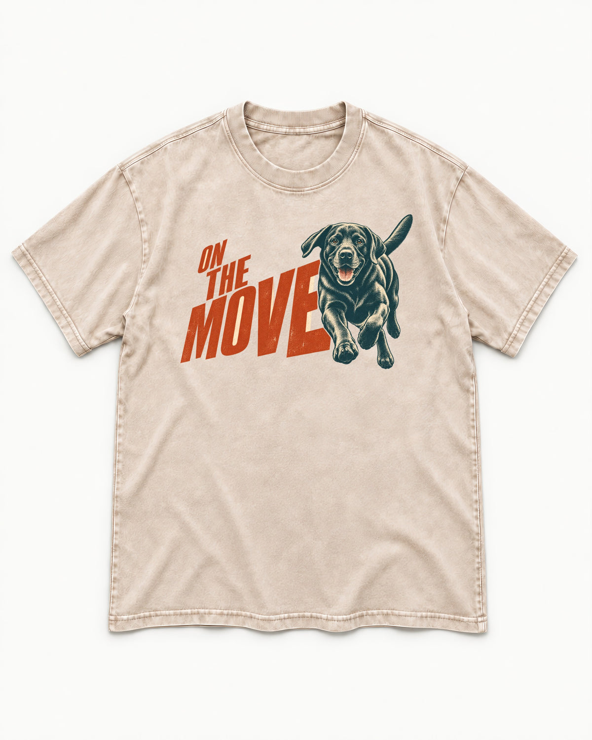 Labrador Retriever On the Move Running Graphic Washed Tee in Apricot, flat lay product photo