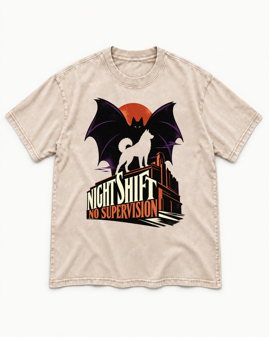 Husky Night Shift No Supervision Washed Tee in Apricot, flat lay product photo