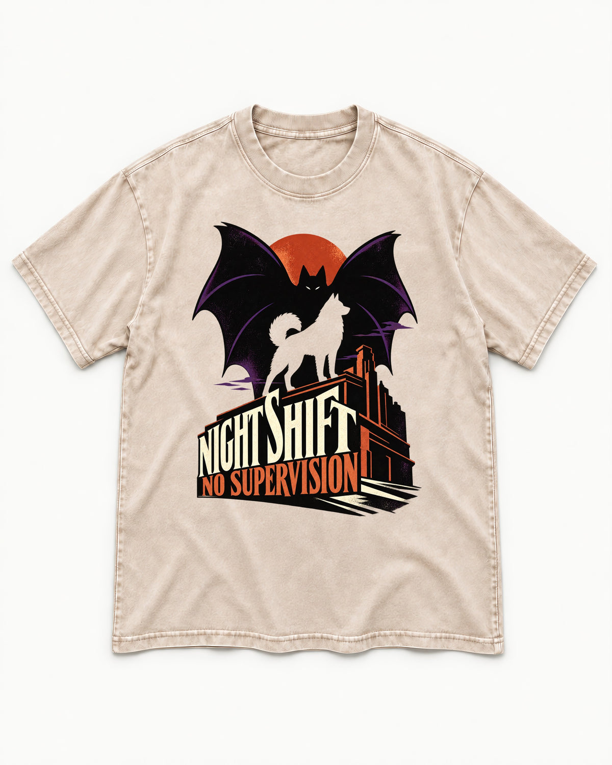 Husky Night Shift No Supervision Washed Tee in Apricot, flat lay product photo