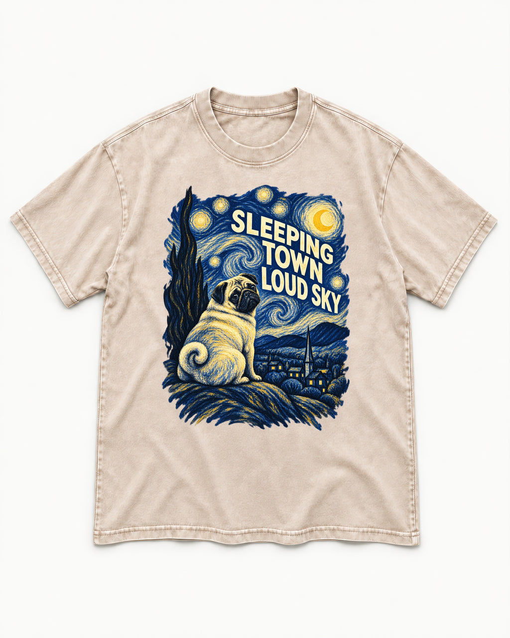 Pug Sleeping Town Loud Sky Starry Night Graphic Washed Tee in Apricot, flat lay product photo