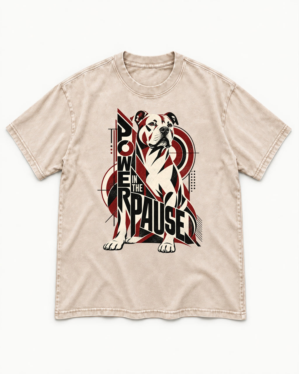 Pitbull Power in the Pause Geometric Graphic Washed Tee in Apricot, flat lay product photo