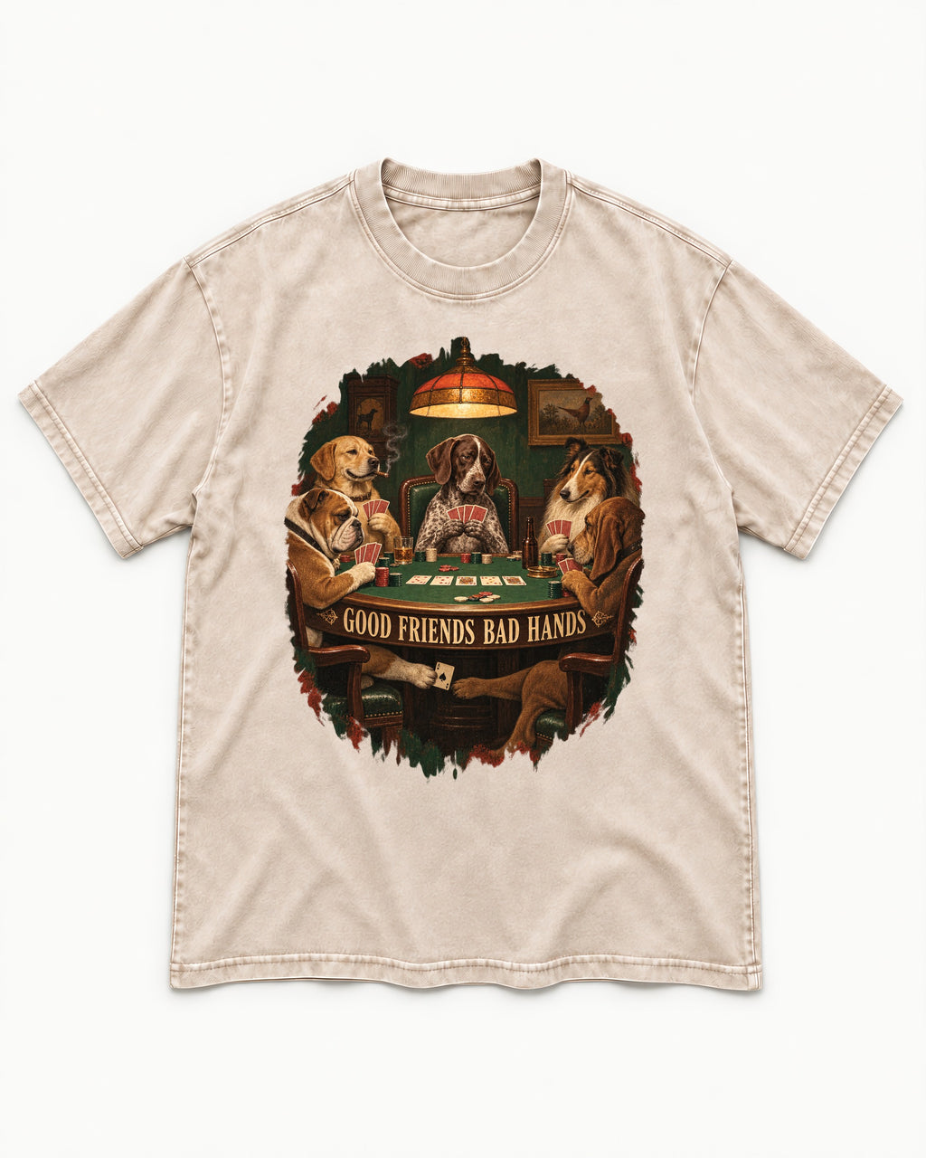 German Shorthaired Pointer Good Friends Bad Hands Poker Night Graphic Washed Tee in Apricot, flat lay product photo