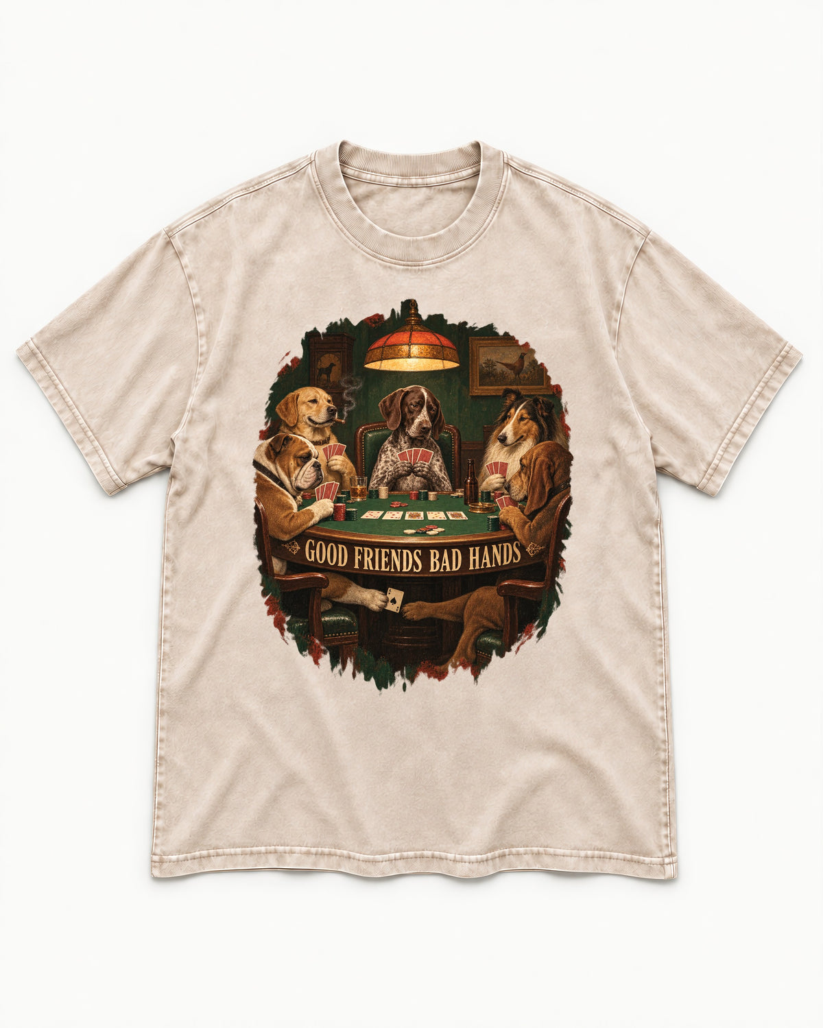 German Shorthaired Pointer Good Friends Bad Hands Poker Night Graphic Washed Tee in Apricot, flat lay product photo