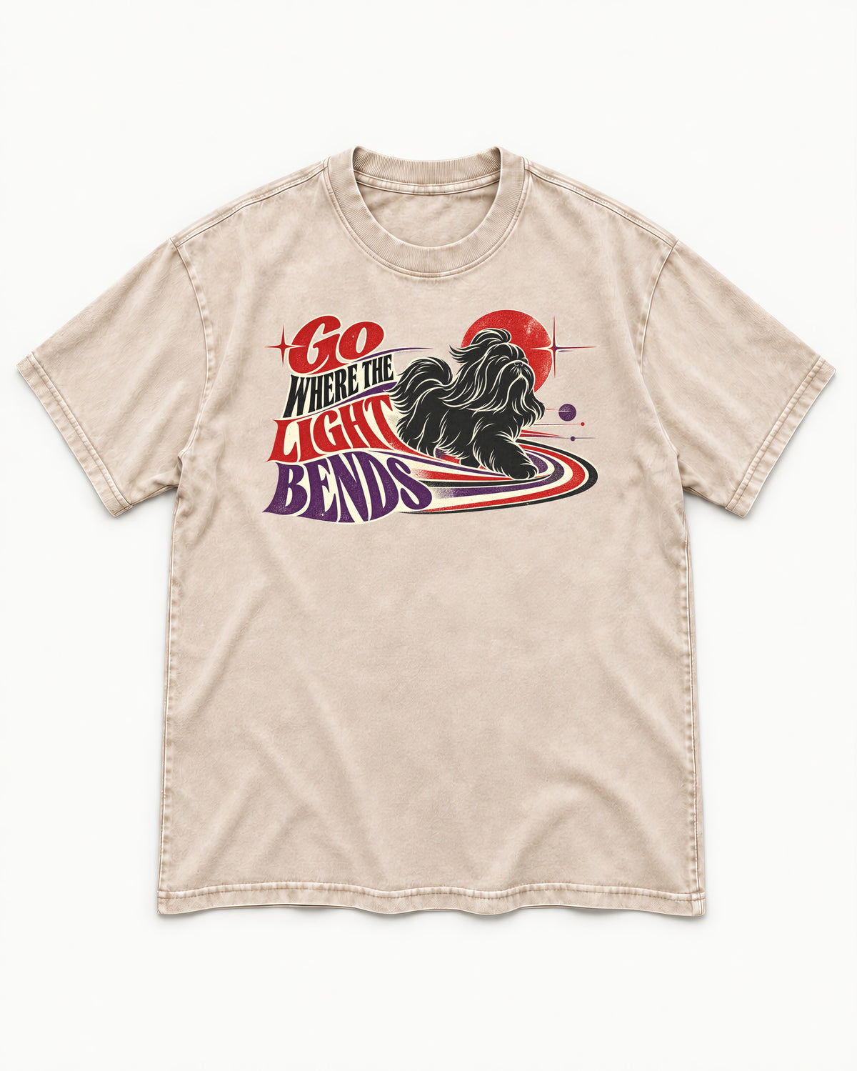 Shih Tzu Go Where the Light Bends Cosmic Orbit Graphic Washed Tee in Apricot, flat lay product photo
