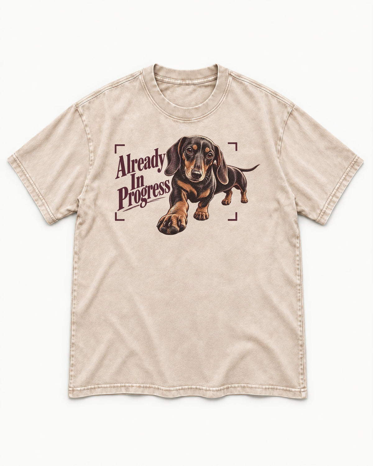 Dachshund Already in Progress Washed Tee in Apricot, flat lay product photo