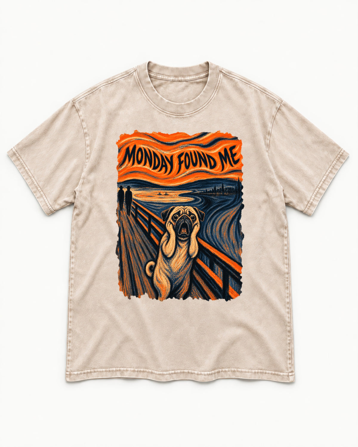 Pug Monday Found Me Scream Parody Graphic Washed Tee in Apricot, flat lay product photo