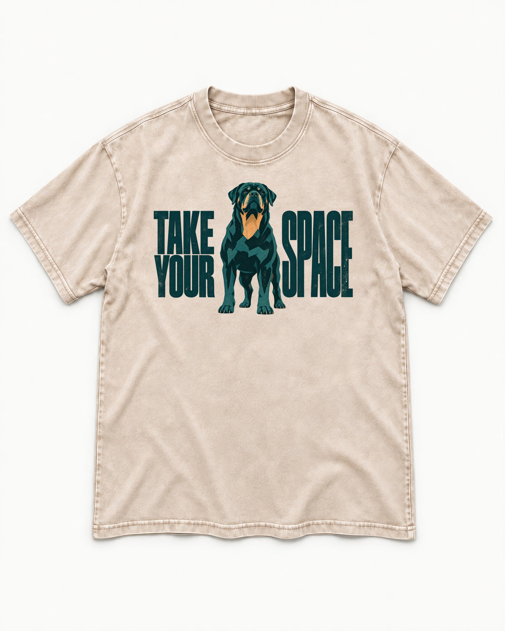 Rottweiler Take Your Space Washed Tee in Apricot, flat lay product photo