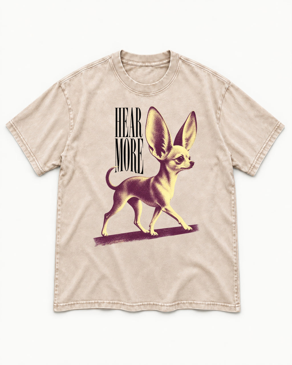 Hear More Chihuahua Washed Tee in Apricot, flat lay product photo
