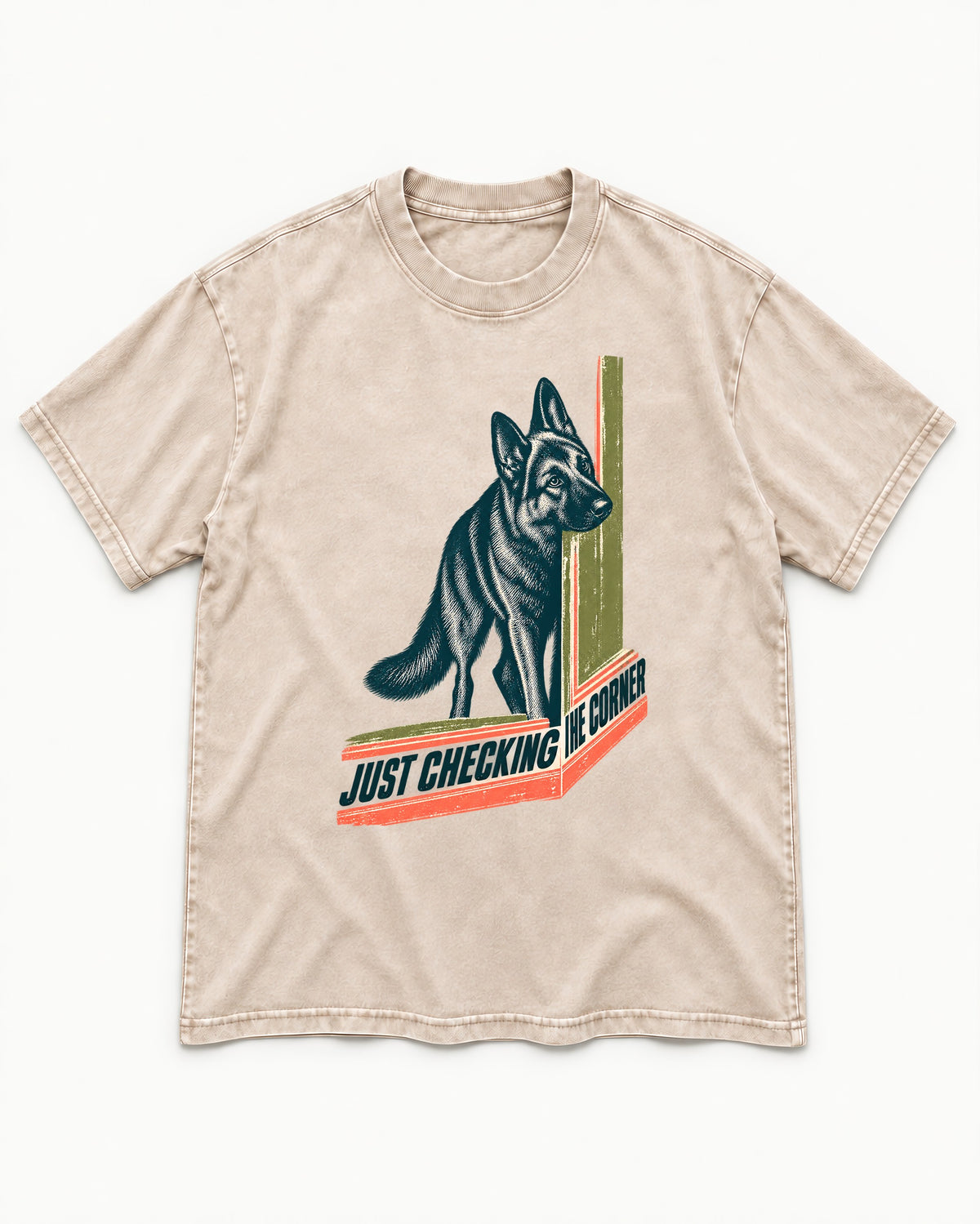 German Shepherd Dog Just Checking the Corner Washed Tee in Apricot, flat lay product photo