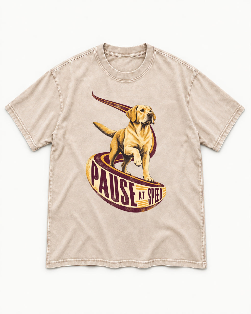 Labrador Retriever Pause at Speed Ribbon Graphic Washed Tee in Apricot, flat lay product photo