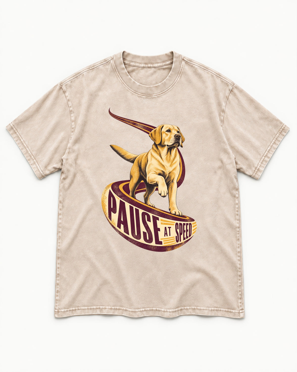 Labrador Retriever Pause at Speed Ribbon Graphic Washed Tee in Apricot, flat lay product photo