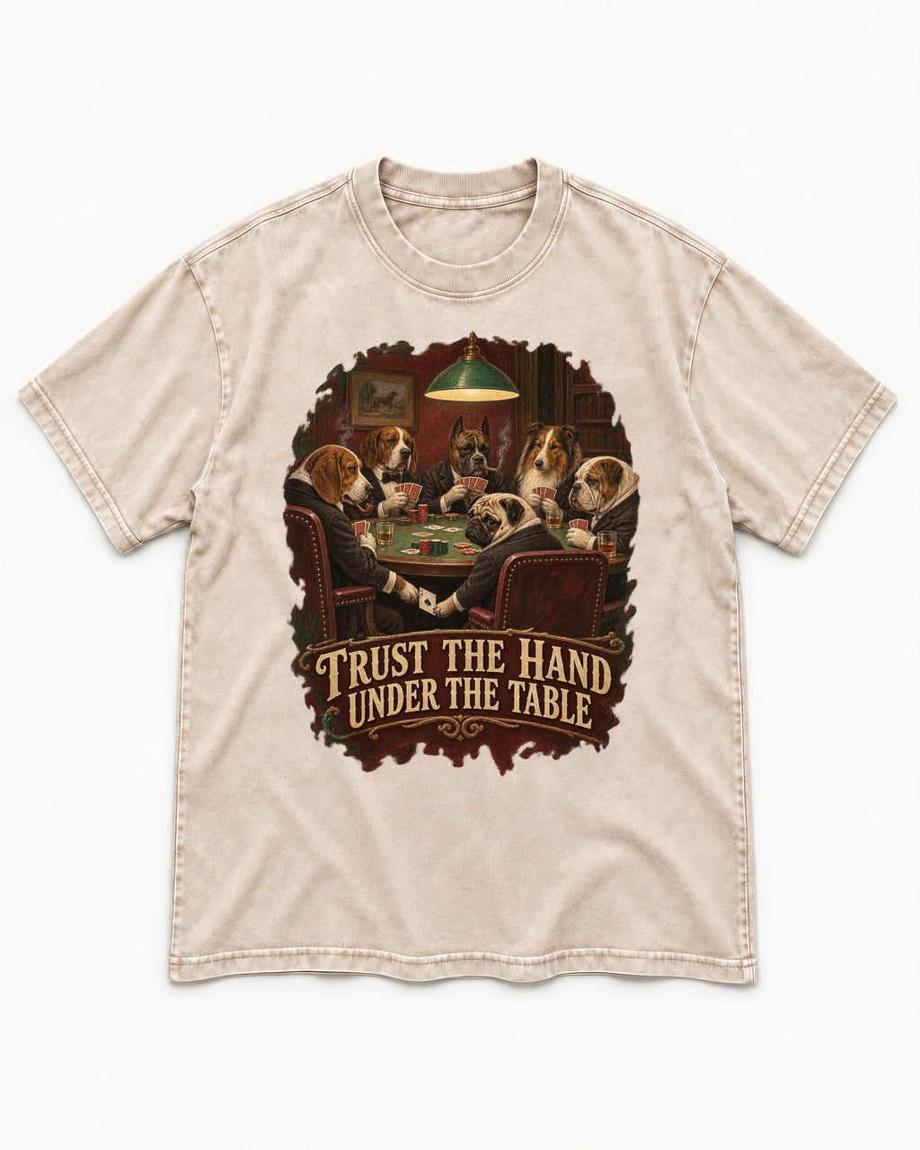 Pug Trust the Hand Under the Table Poker Graphic Washed Tee in Apricot, flat lay product photo