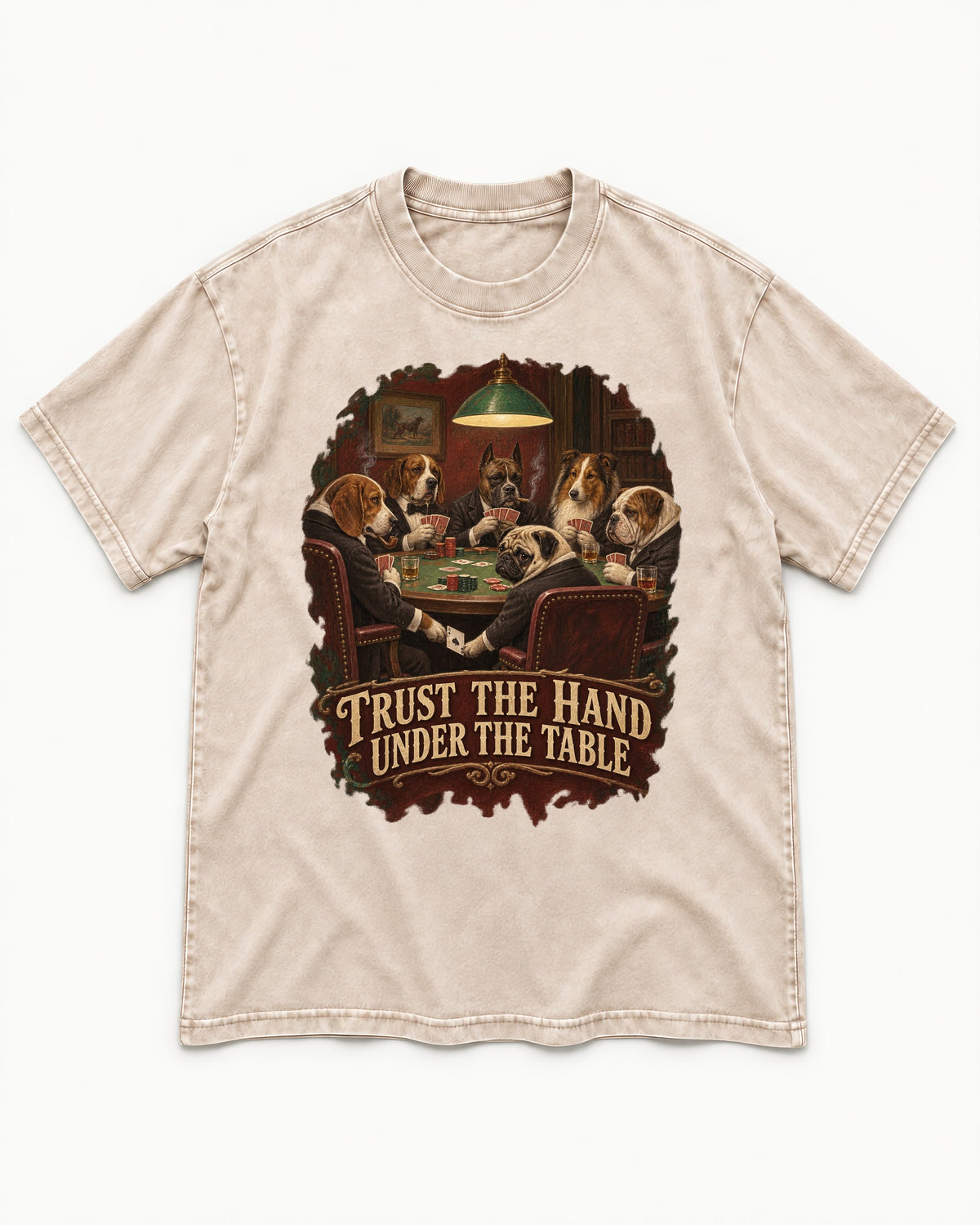 Pug Trust the Hand Under the Table Poker Graphic Washed Tee in Apricot, flat lay product photo