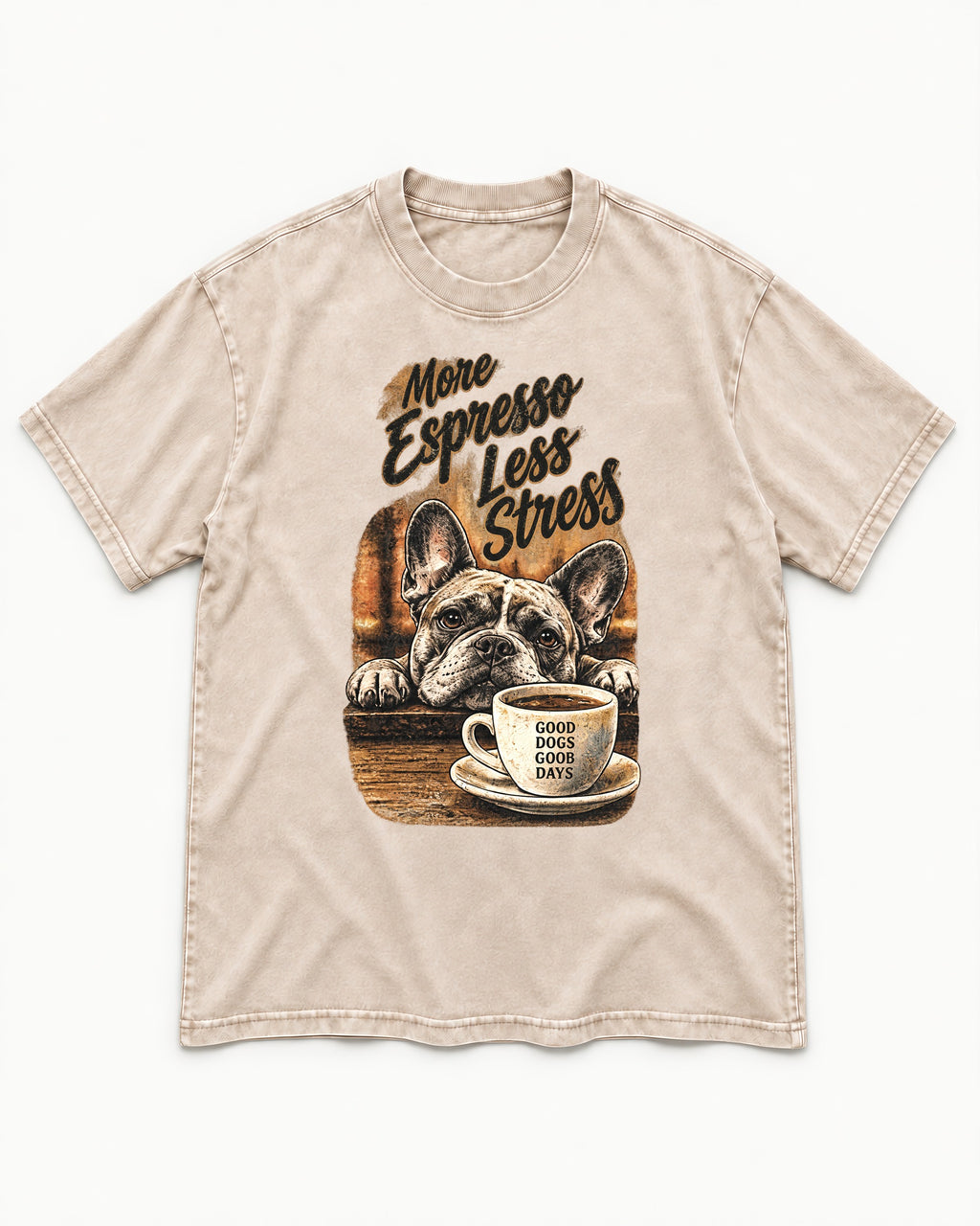 Frenchie More Espresso Less Stress Washed Tee in Apricot, flat lay product photo