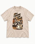 Frenchie More Espresso Less Stress Washed Tee in Apricot, flat lay product photo