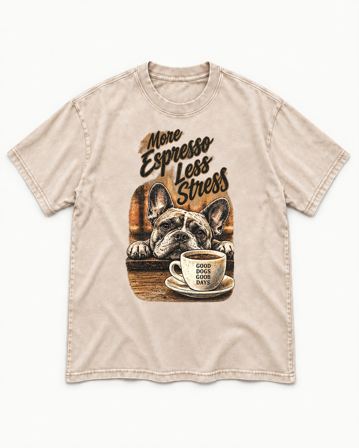 Frenchie More Espresso Less Stress Washed Tee in Apricot, flat lay product photo