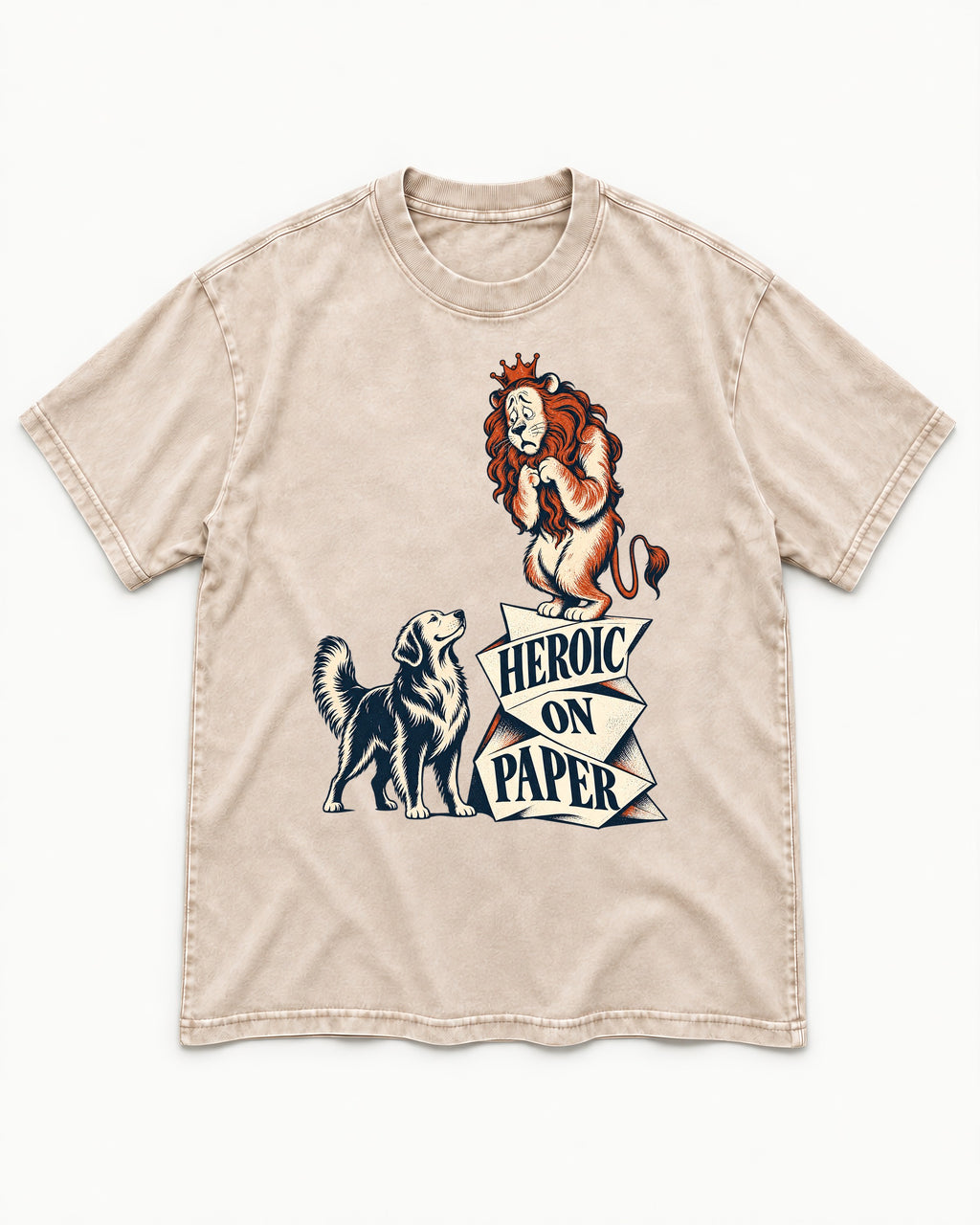 Golden Retriever Heroic on Paper Lion Graphic Washed Tee in Apricot, flat lay product photo