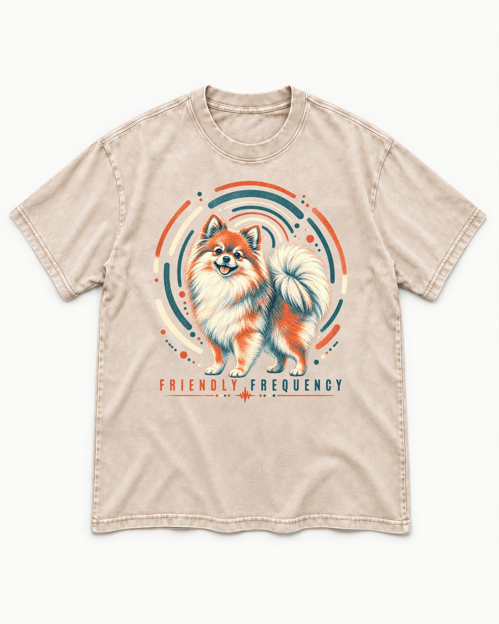 Friendly Frequency Pomeranian Washed Tee in Apricot, flat lay product photo