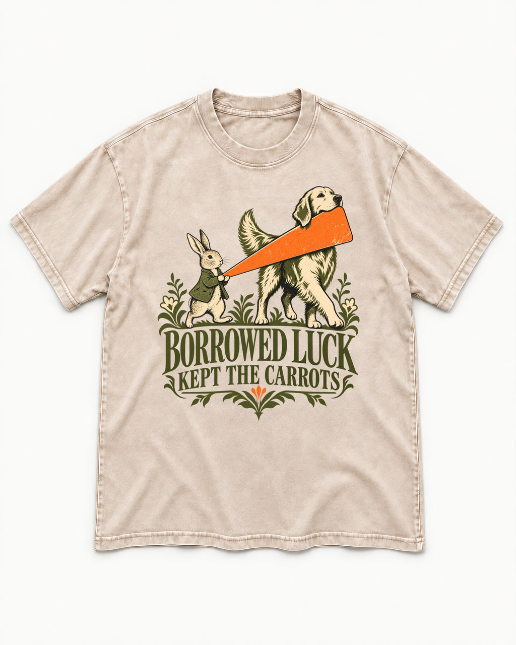 Borrowed Luck Golden Retriever Washed Tee in Apricot, flat lay product photo