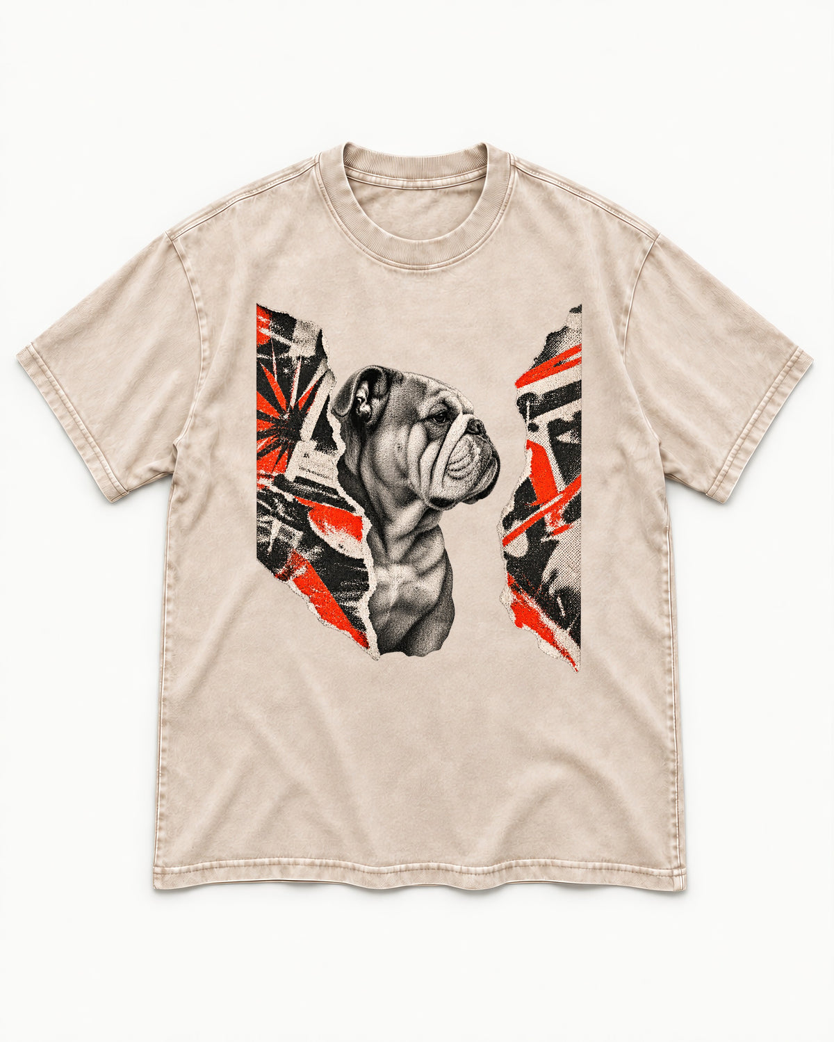 English Bulldog Unbowed Washed Tee in Apricot, flat lay product photo