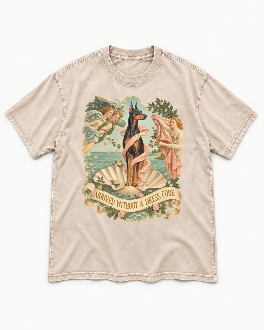 Doberman Arrived Without a Dress Code Renaissance Graphic Washed Tee in Apricot, flat lay product photo