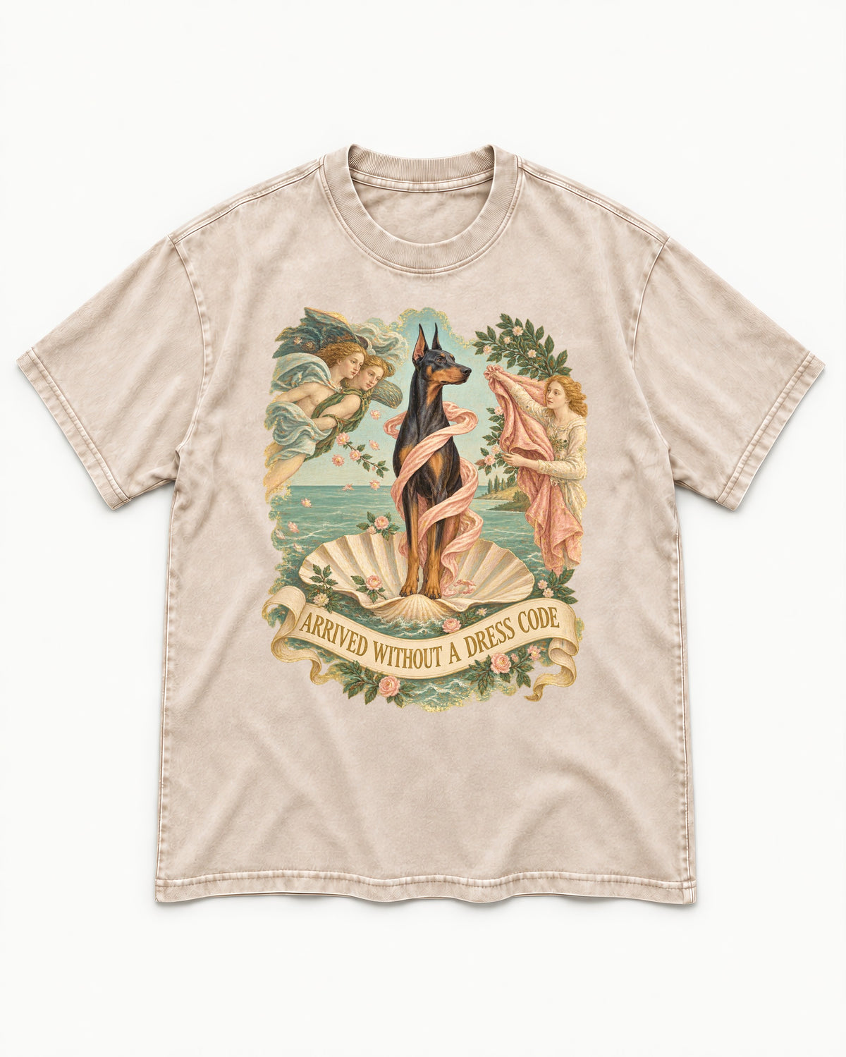 Doberman Arrived Without a Dress Code Renaissance Graphic Washed Tee in Apricot, flat lay product photo