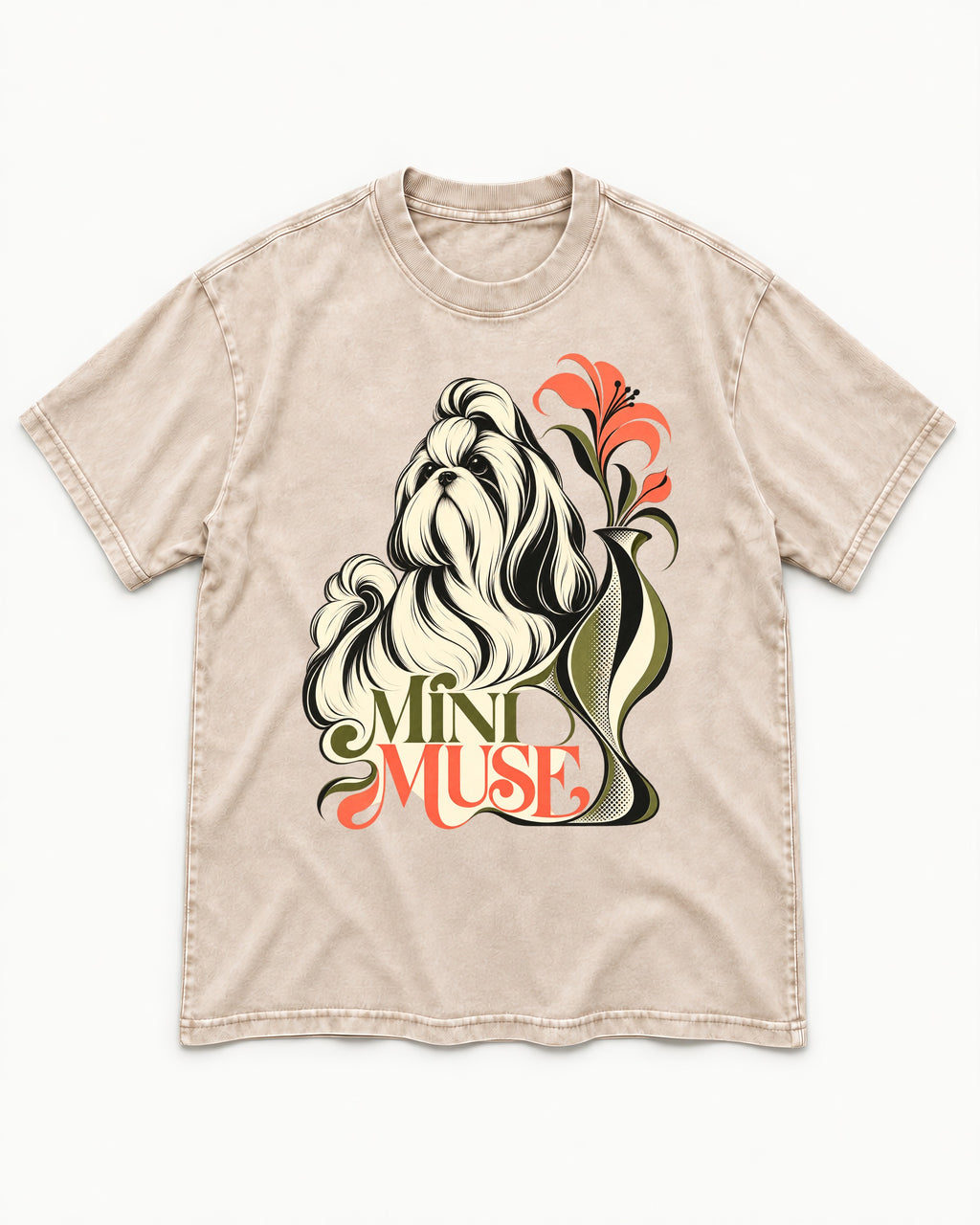 Shih Tzu Mini Muse Washed Tee in Apricot, flat lay product photo
