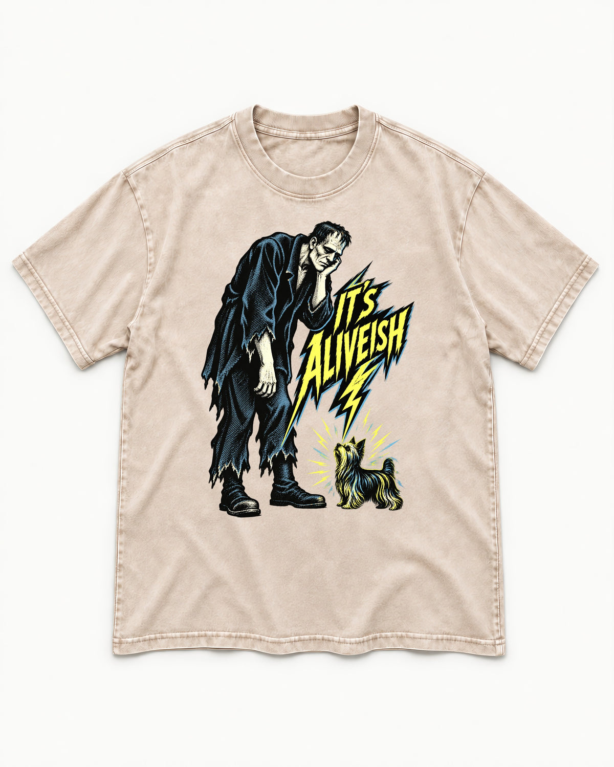 It's Aliveish Yorkshire Terrier Washed Tee in Apricot, flat lay product photo