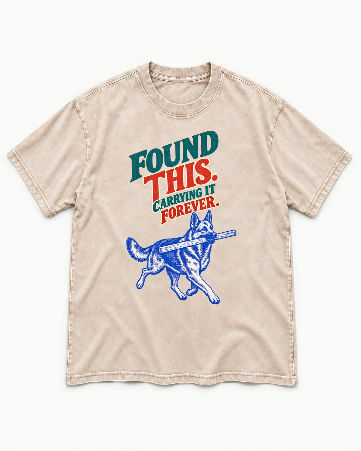 German Shepherd Dog Carrying It Forever Washed Tee in Apricot, flat lay product photo