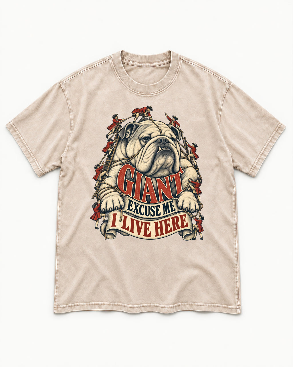 English Bulldog I Live Here Washed Tee in Apricot, flat lay product photo