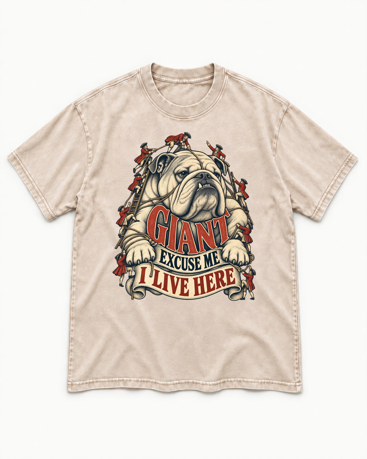 English Bulldog I Live Here Washed Tee in Apricot, flat lay product photo