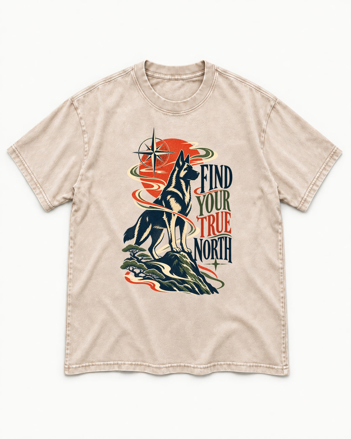 Find Your True North German Shepherd Dog Washed Tee in Apricot, flat lay product photo