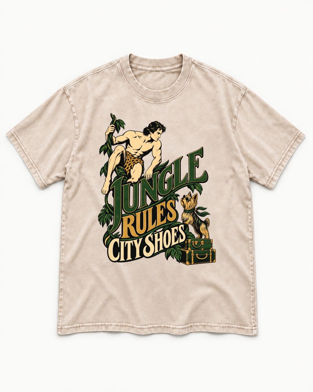 Jungle Rules City Shoes Yorkshire Terrier Washed Tee in Apricot, flat lay product photo