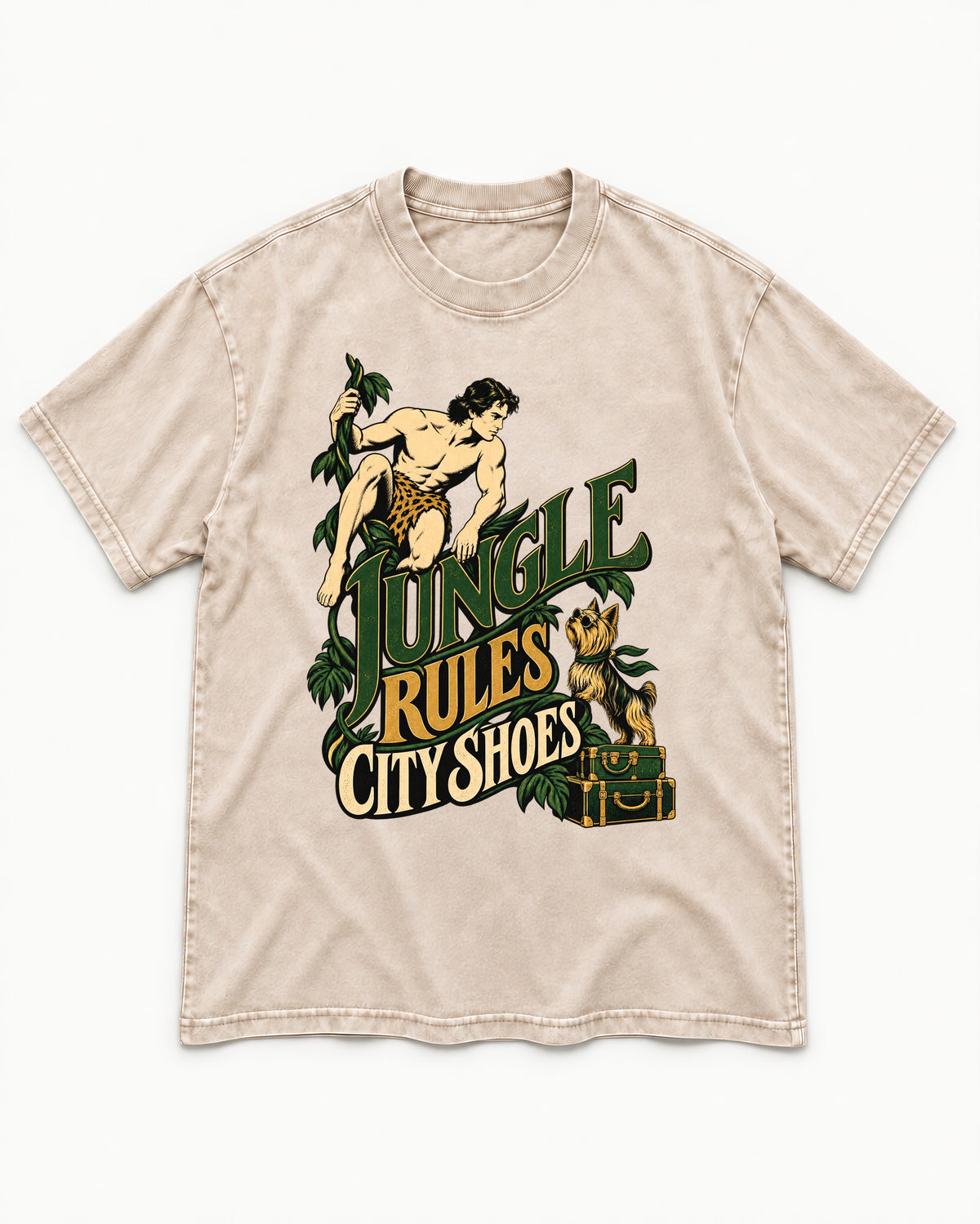 Jungle Rules City Shoes Yorkshire Terrier Washed Tee in Apricot, flat lay product photo