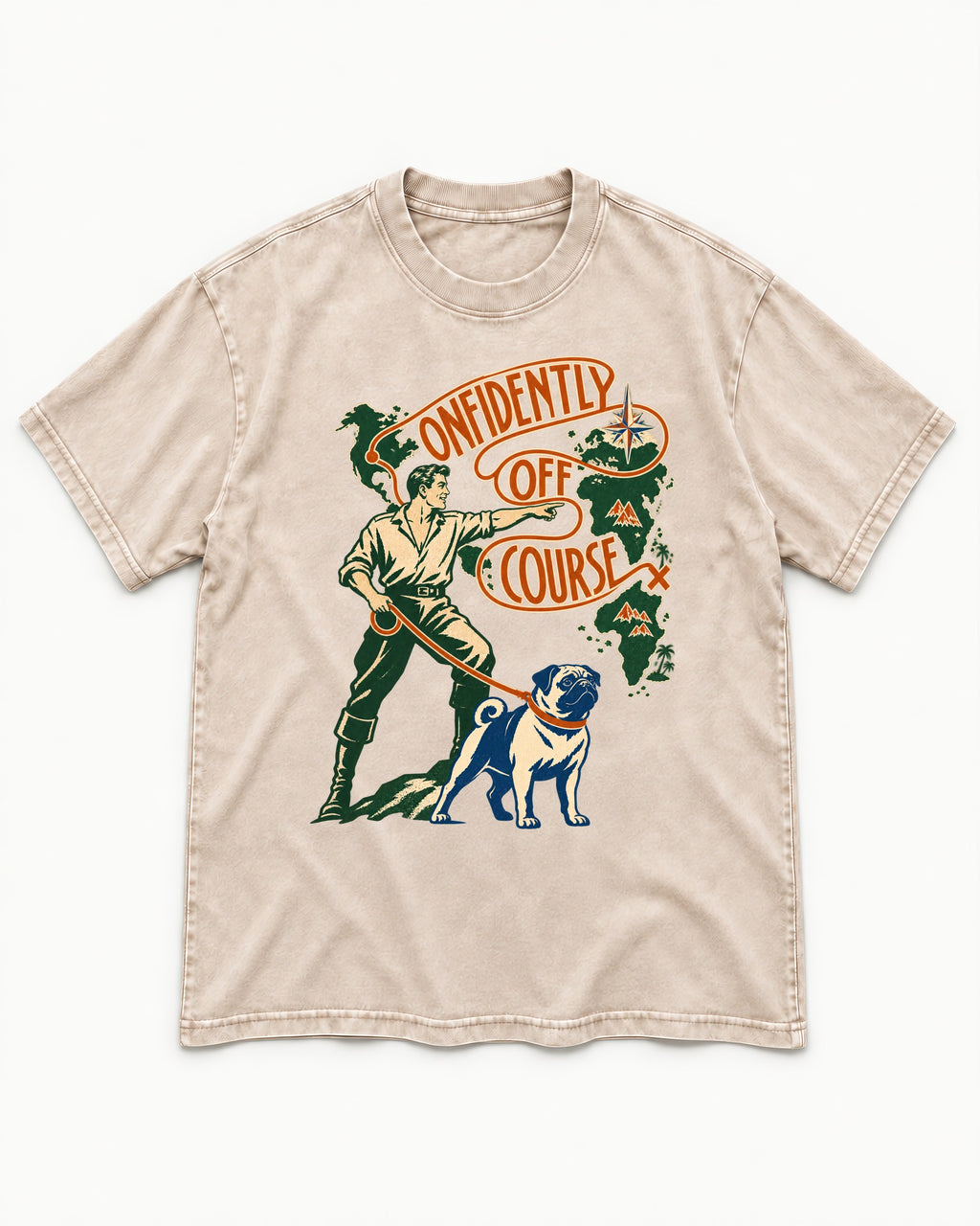 Pug Confidently Off Course Washed Tee in Apricot, flat lay product photo