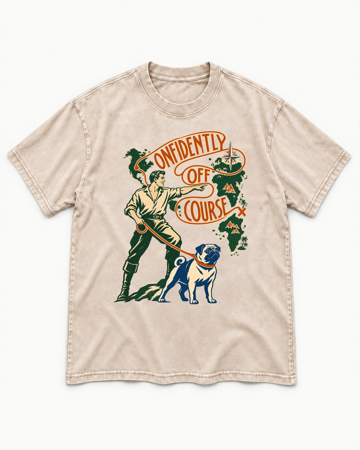 Pug Confidently Off Course Washed Tee in Apricot, flat lay product photo