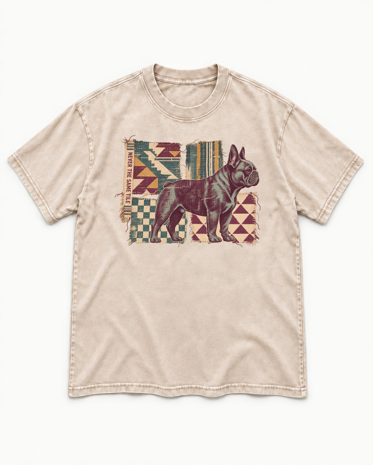 Frenchie Never the Same Tile Textile Graphic Washed Tee in Apricot, flat lay product photo