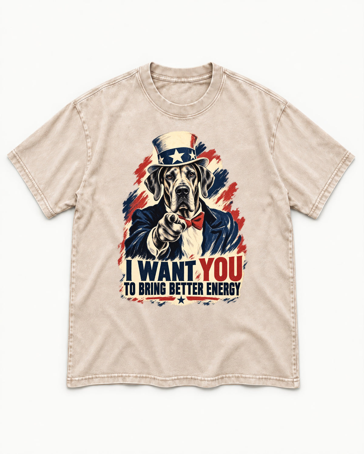 Great Dane I Want You to Bring Better Energy Uncle Sam Graphic Washed Tee in Apricot, flat lay product photo