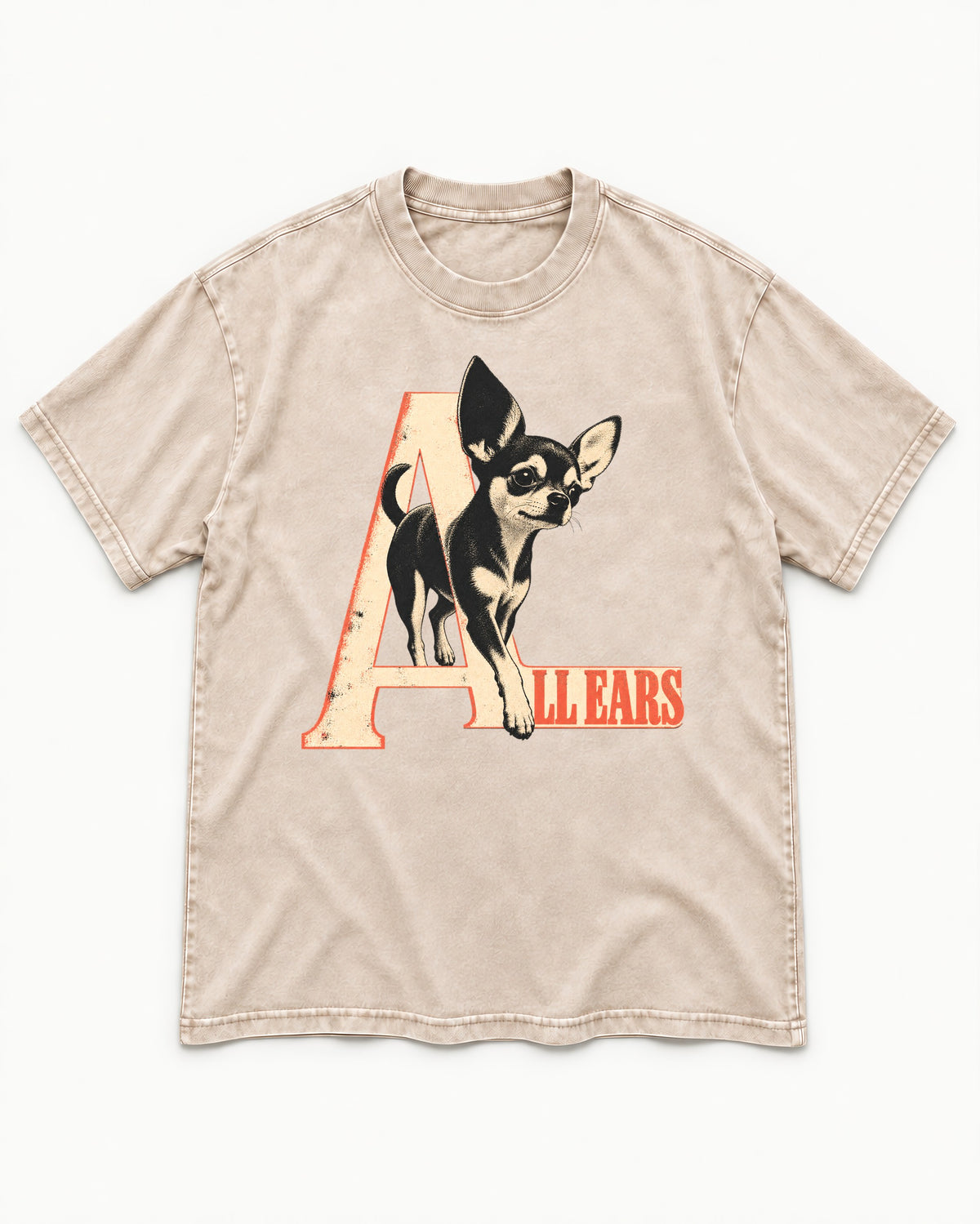 All Ears Chihuahua Washed Tee in Apricot, flat lay product photo