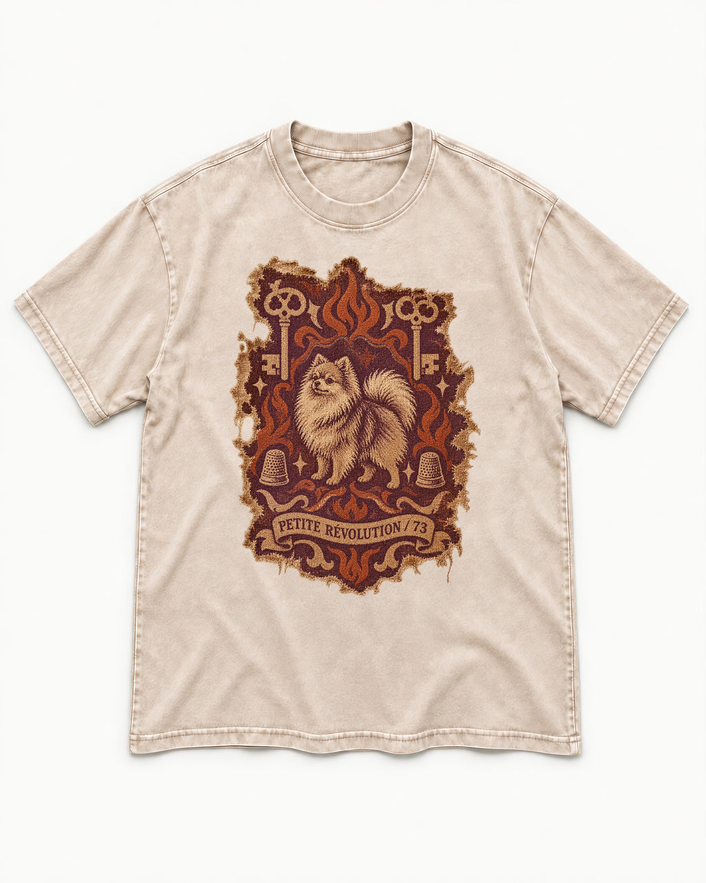 Pomeranian Petite Revolution Ornate Key Emblem Graphic Washed Tee in Apricot, flat lay product photo