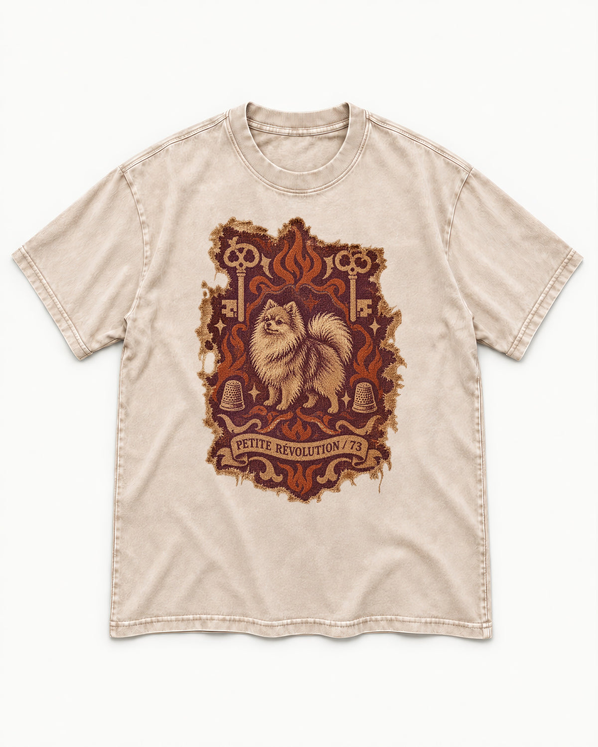 Pomeranian Petite Revolution Ornate Key Emblem Graphic Washed Tee in Apricot, flat lay product photo