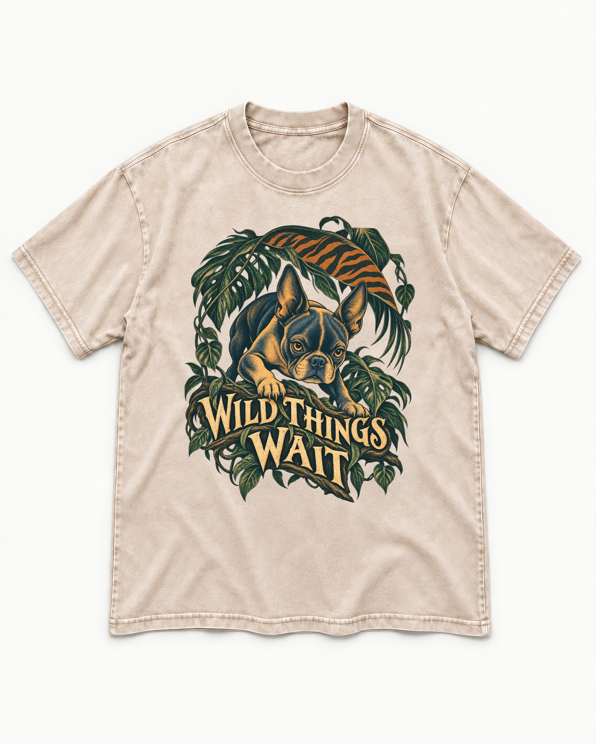Boston Terrier Wild Things Wait Washed Tee in Apricot, flat lay product photo
