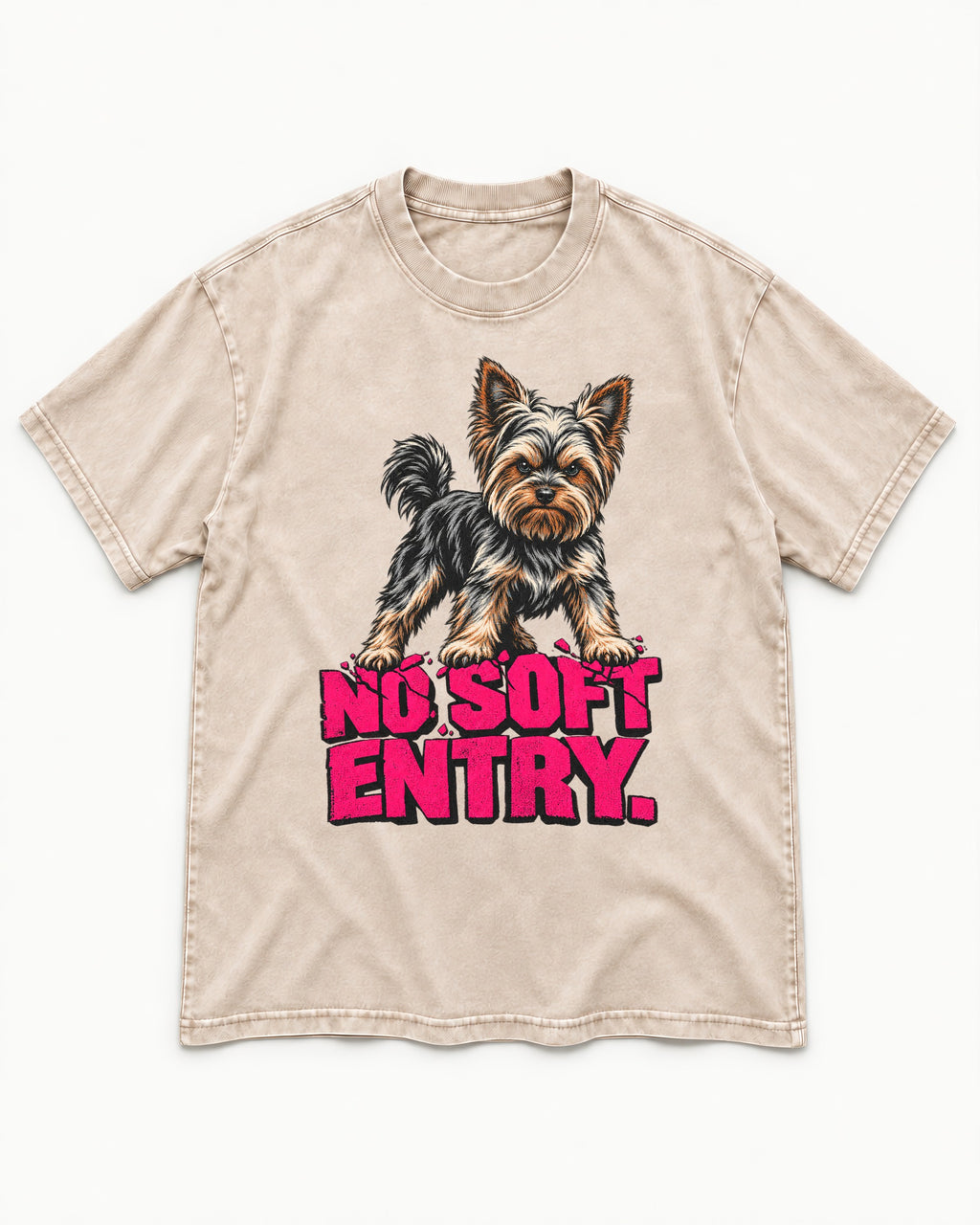 Yorkshire Terrier No Soft Entry Stance Graphic Washed Tee in Apricot, flat lay product photo