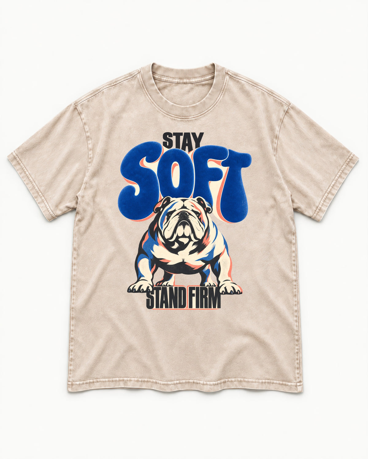 Stay Soft Stand Firm English Bulldog Washed Tee in Apricot, flat lay product photo