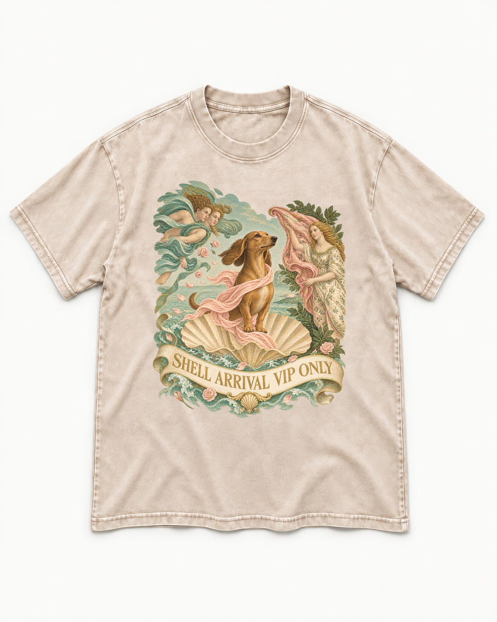 Dachshund Shell Arrival VIP Only Venus Parody Graphic Washed Tee in Apricot, flat lay product photo