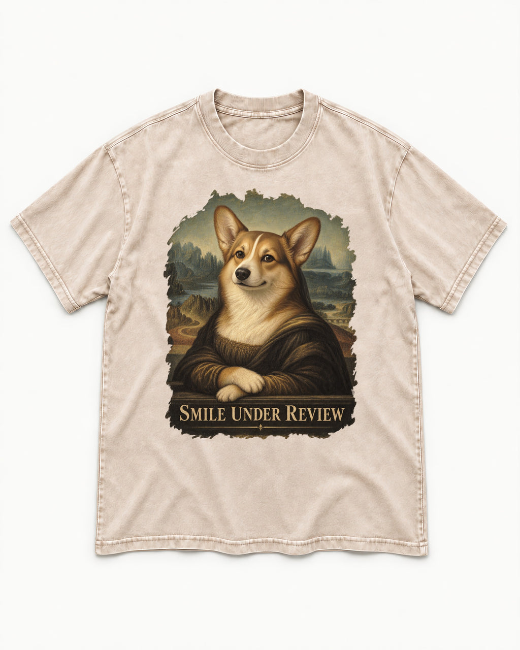 Corgi Smile Under Review Mona Lisa Portrait Washed Tee in Apricot, flat lay product photo