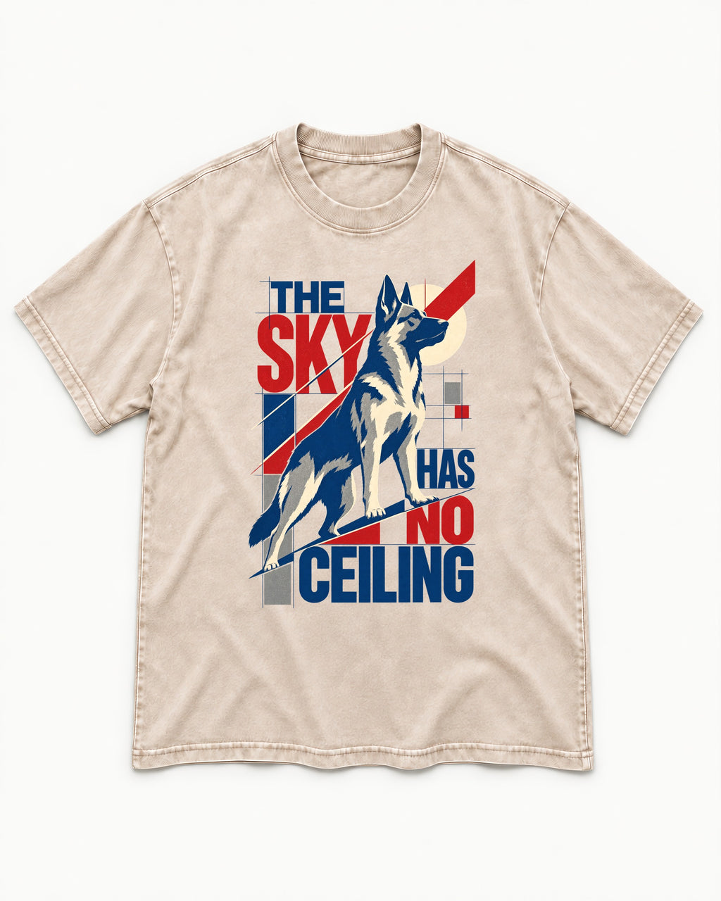 Sky Has No Ceiling German Shepherd Dog Washed Tee in Apricot, flat lay product photo
