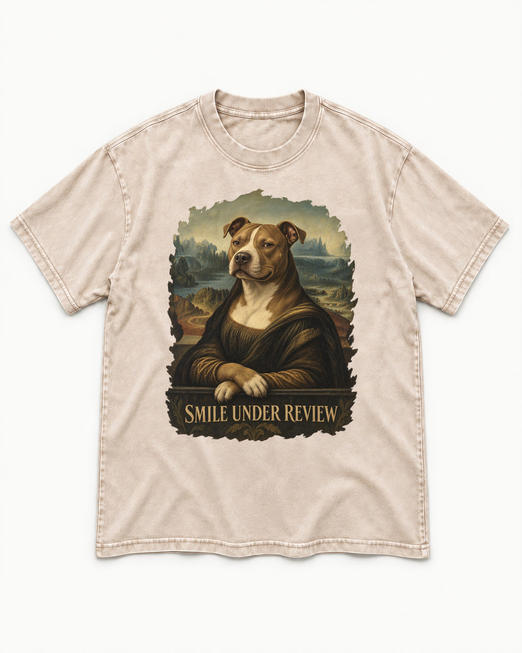 Pitbull Smile Under Review Renaissance Portrait Graphic Washed Tee in Apricot, flat lay product photo
